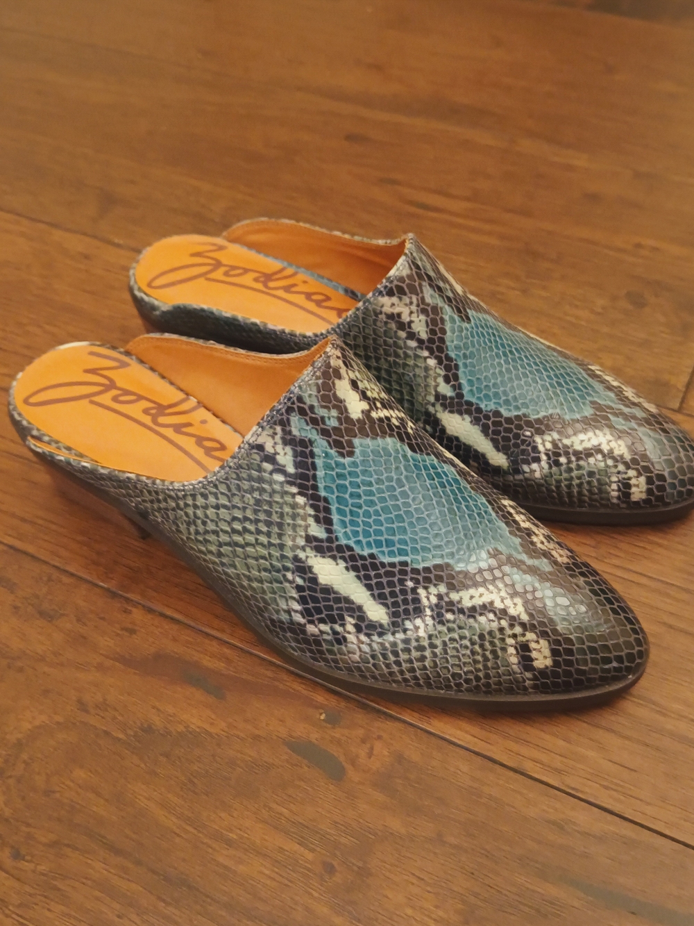 Zodiac Teal and Black Snakeskin Wedge Mules